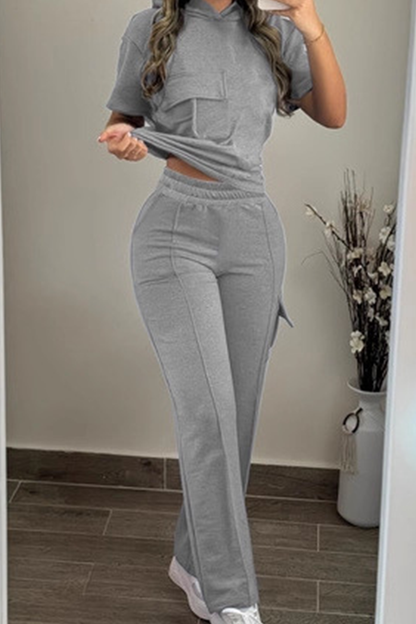 Casual Solid Color Pocket Hooded Short Sleeve Two Pieces