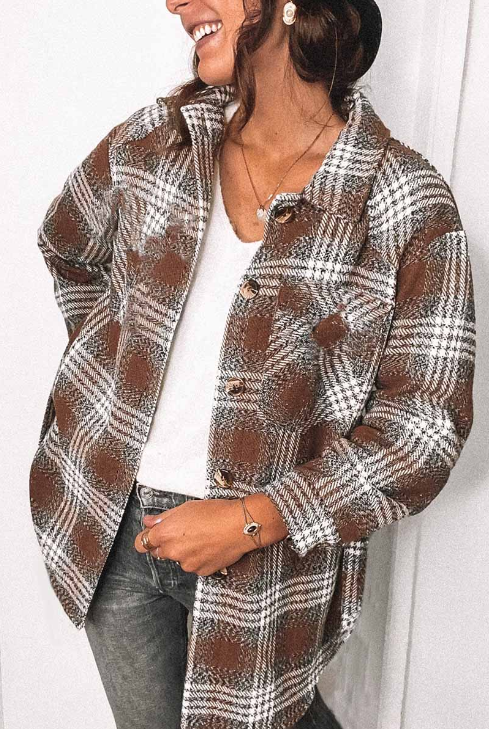 Casual Plaid Patchwork Patchwork Buckle Turndown Collar Tops(3 Colors)