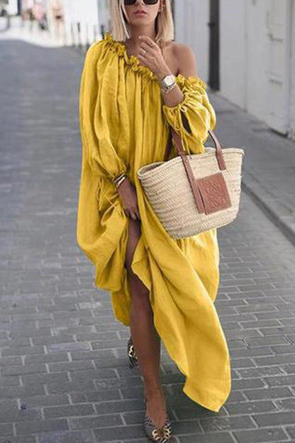 Fashion Sweet Solid Oblique Collar Irregular Dress Dresses