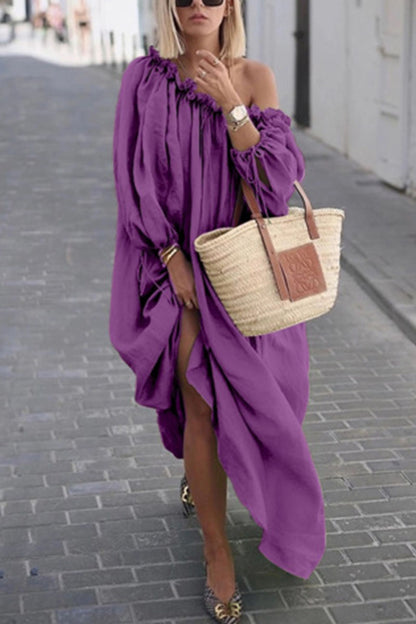 Fashion Sweet Solid Oblique Collar Irregular Dress Dresses