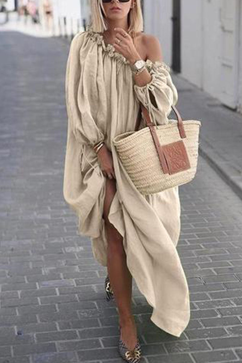 Fashion Sweet Solid Oblique Collar Irregular Dress Dresses