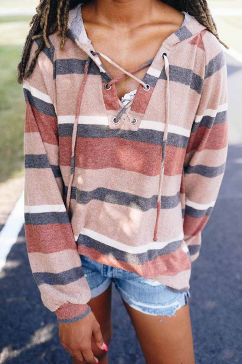 Fashion Casual Striped Patchwork V Neck Tops