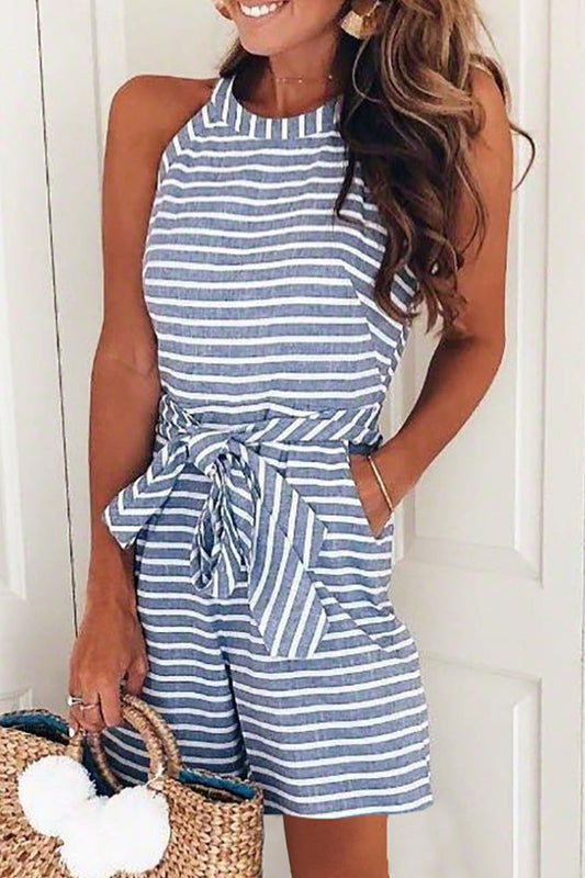 Casual Patchwork Bandage With Belt O Neck Loose Rompers