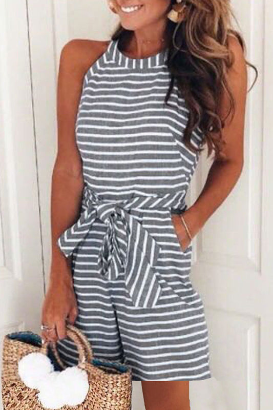 Casual Patchwork Bandage With Belt O Neck Loose Rompers(5 Colors)