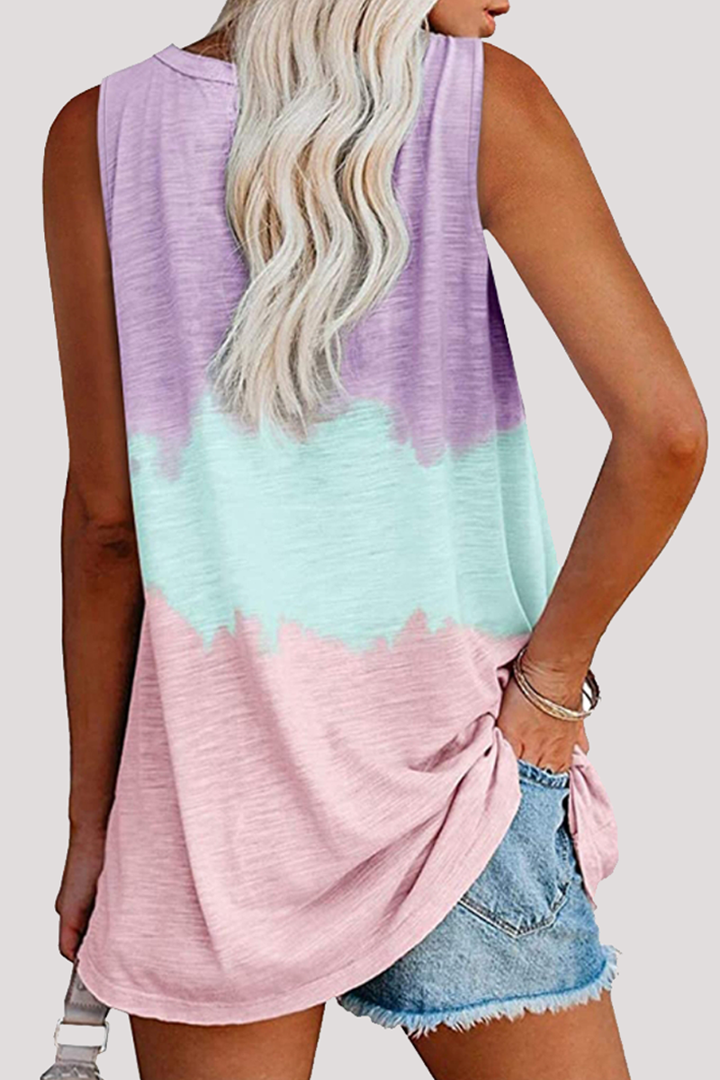 Casual Patchwork Tie Dye Pocket V Neck T-Shirts(5 Colors)