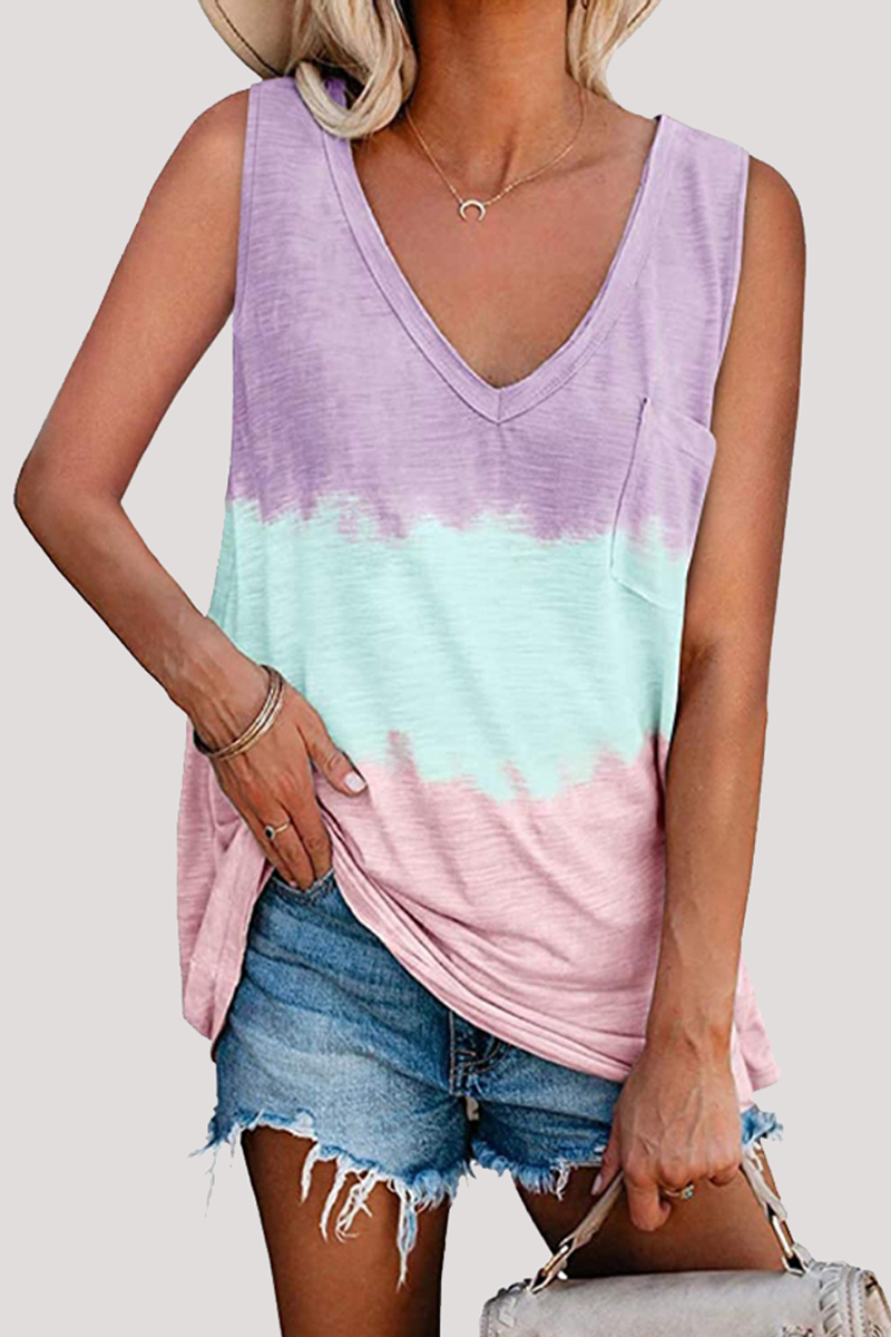 Casual Patchwork Tie Dye Pocket V Neck T-Shirts(5 Colors)