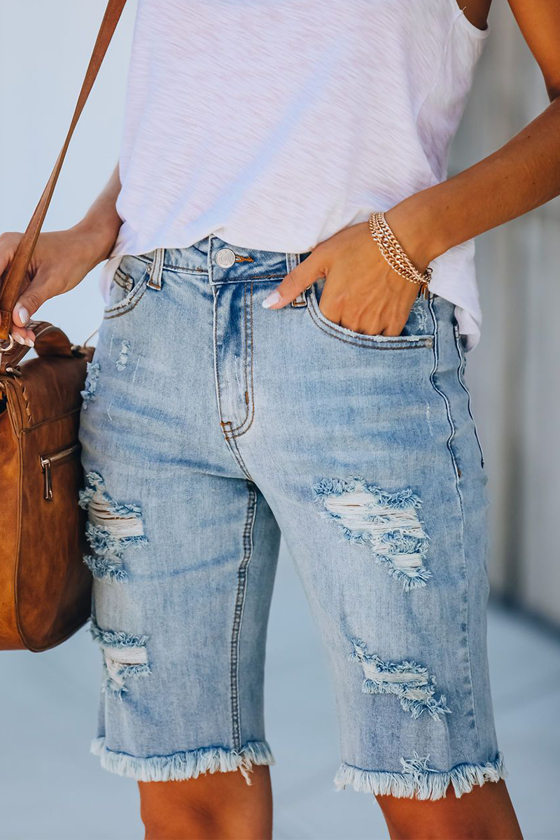 Street Solid Rivets Ripped Capris Straight Denim Shorts