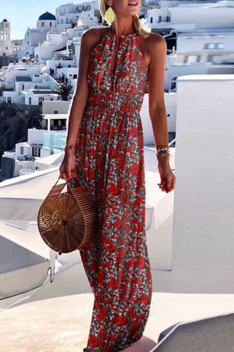Fashion Bohemian Print Patchwork Halter Pleated Dresses