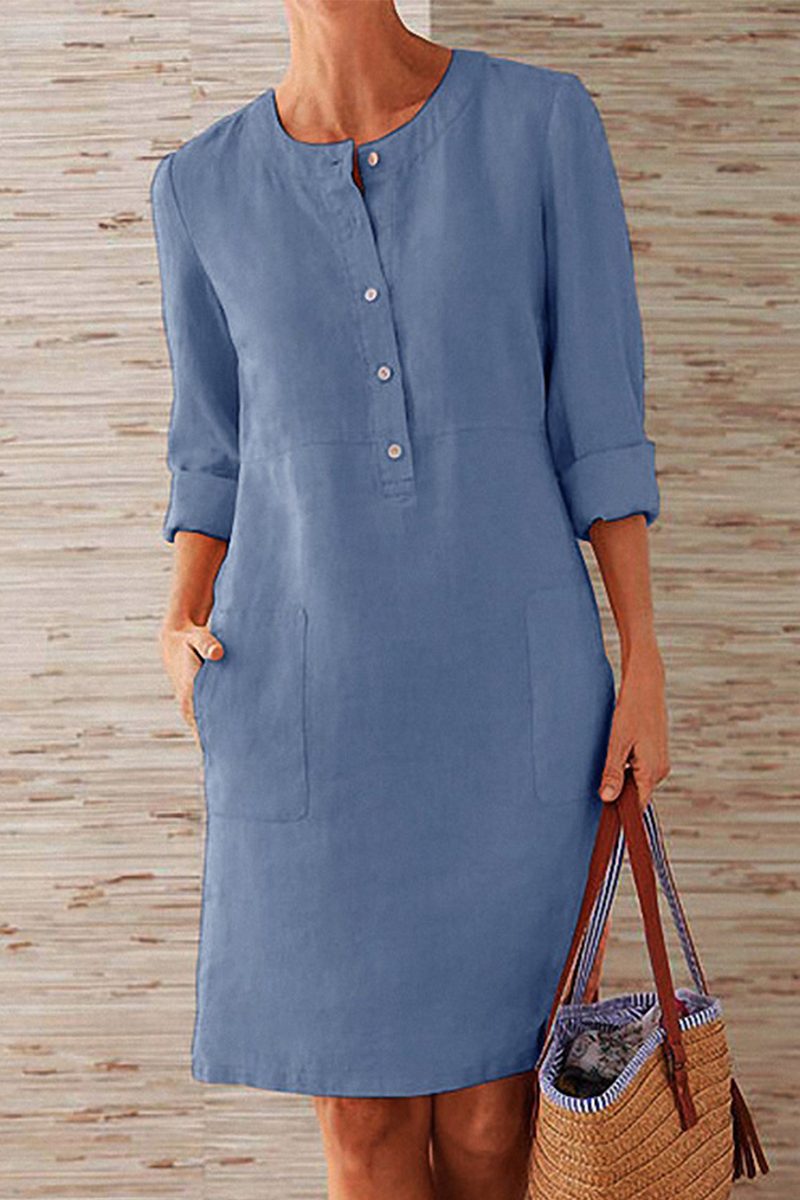 Casual Solid Pocket Buckle O Neck Long Sleeve Dresses