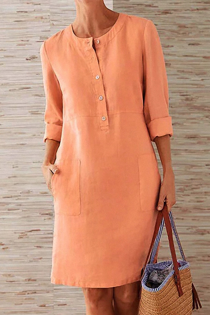 Casual Solid Pocket Buckle O Neck Long Sleeve Dresses