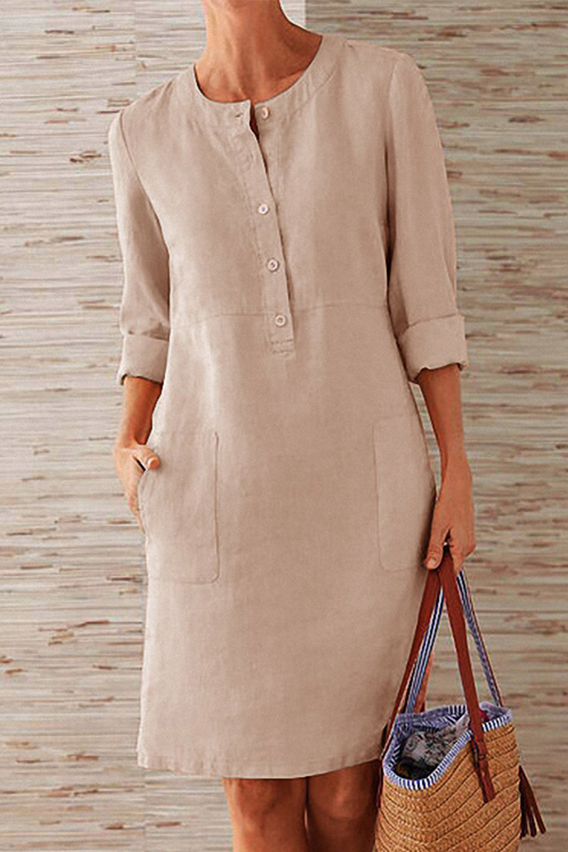 Casual Solid Pocket Buckle O Neck Long Sleeve Dresses
