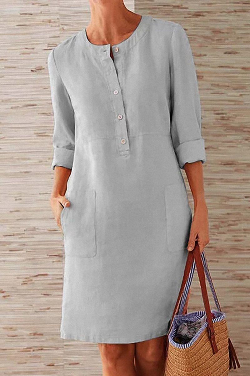 Casual Solid Pocket Buckle O Neck Long Sleeve Dresses