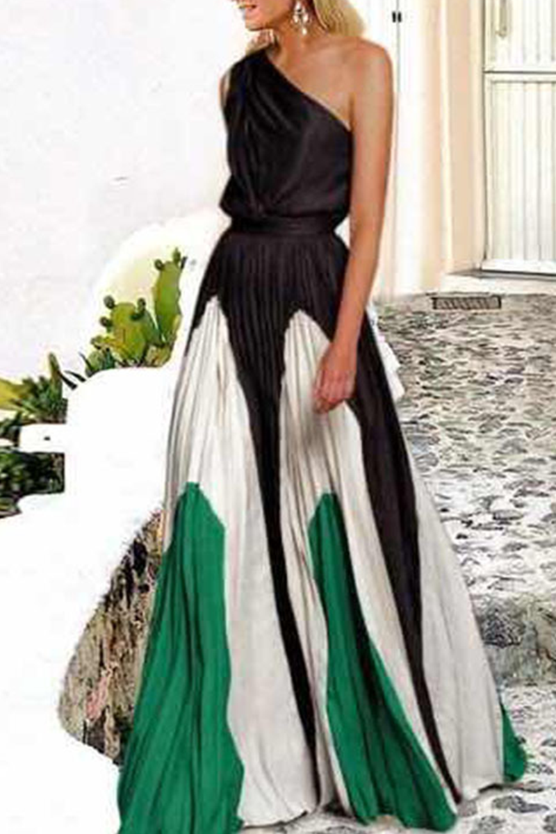 Fashion Elegant Patchwork Contrast Oblique Collar Waist Skirt Dresses(6 Colors)