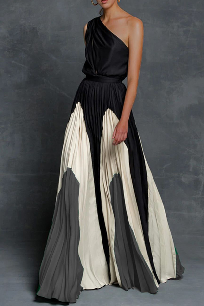 Fashion Elegant Patchwork Contrast Oblique Collar Waist Skirt Dresses(6 Colors)