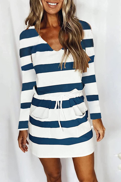 Casual Color Lump Draw String Frenulum V Neck Waist Skirt Dresses(6 Colors)