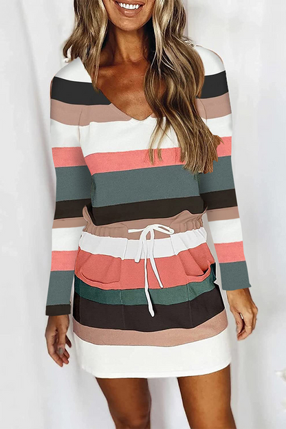 Casual Color Lump Draw String Frenulum V Neck Waist Skirt Dresses(6 Colors)