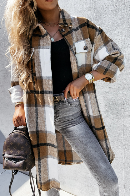 Casual Plaid Patchwork Buckle Turndown Collar Outerwear