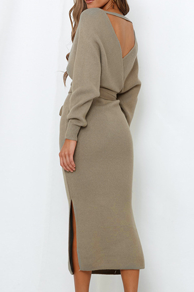 Casual Elegant Solid Backless Slit Strap Design V Neck Pencil Skirt Dresses(5 Colors)