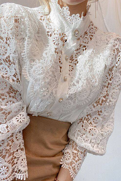 Elegant Patchwork Lace Hollowed Out Buckle Mandarin Collar Tops(3 Colors)