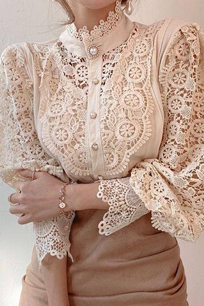 Elegant Patchwork Lace Hollowed Out Buckle Mandarin Collar Tops(3 Colors)