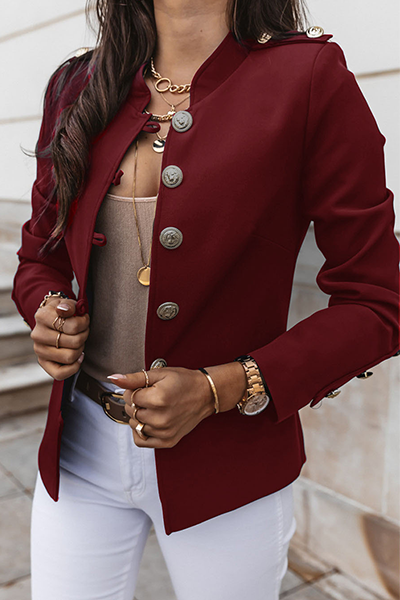 Casual Solid Patchwork Buckle Mandarin Collar Outerwear