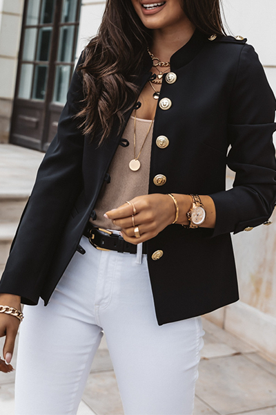 Casual Solid Patchwork Buckle Mandarin Collar Outerwear