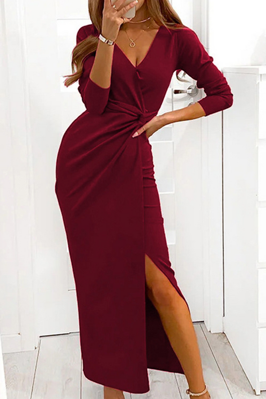 Fashion Elegant Solid Slit Fold V Neck Dresses(3 Colors)