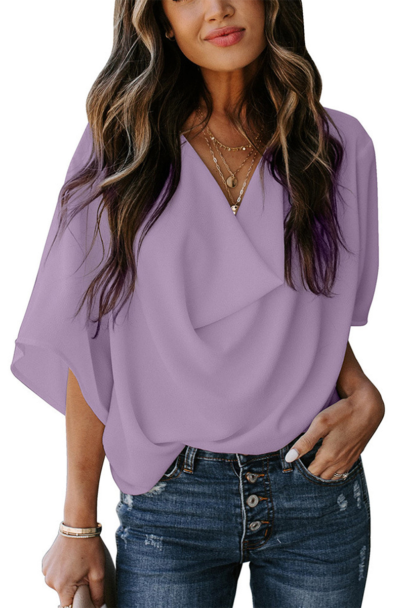 Casual Solid Flounce V Neck T-Shirts