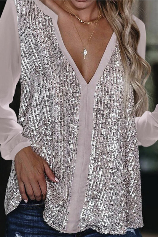 Casual Patchwork Sequins V Neck Blouses (3 Colors)