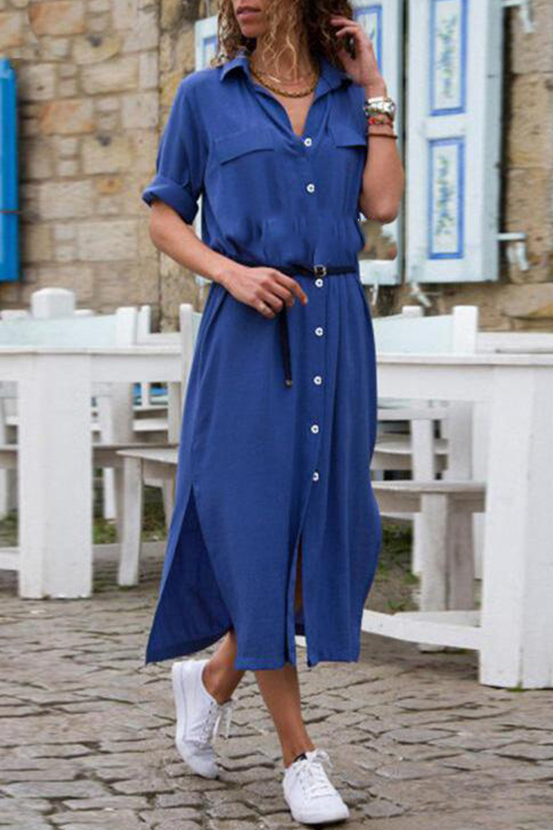 Casual Solid Patchwork Turndown Collar Shirt Dress Dresses(6 Colors)