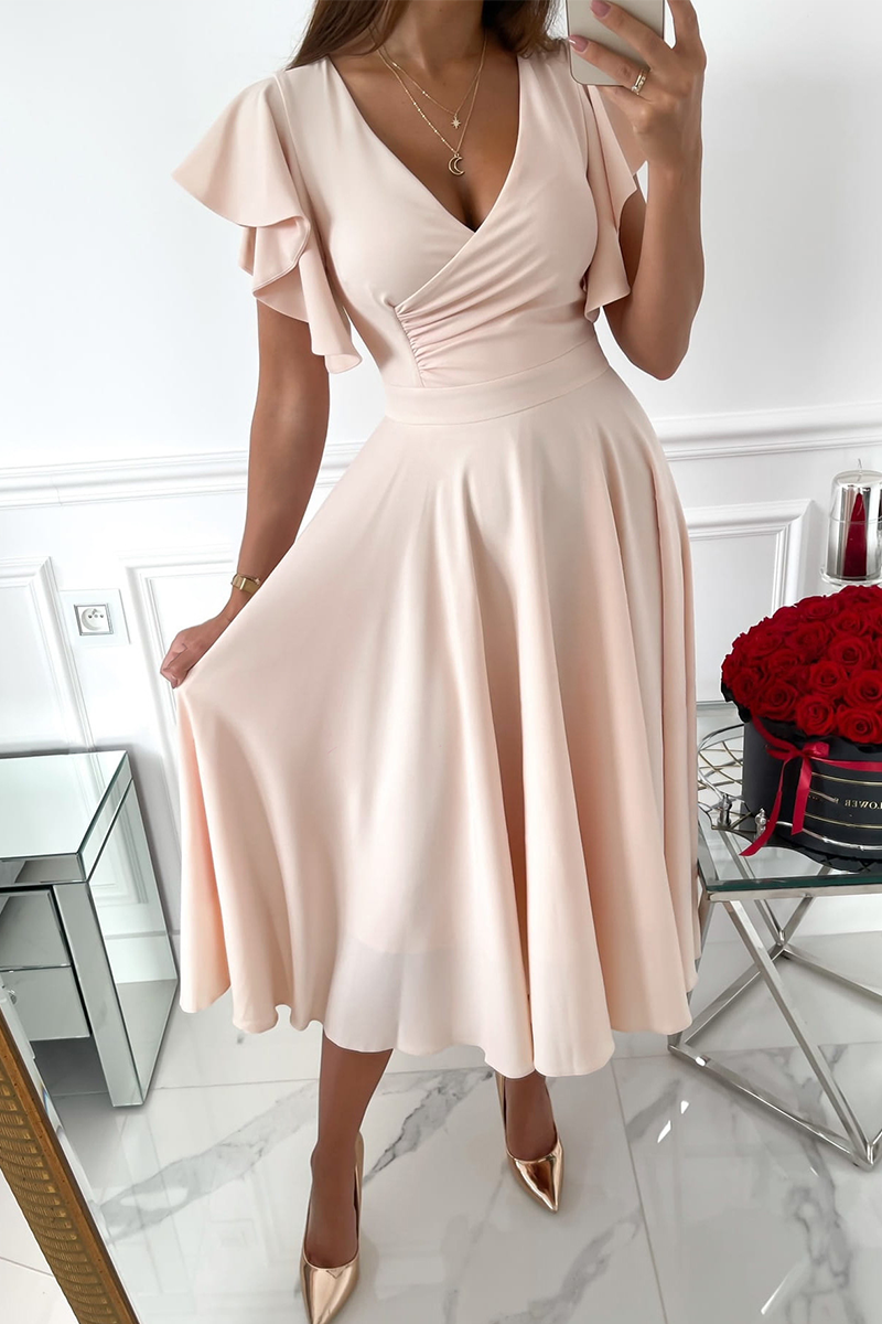 Casual Solid Flounce V Neck Cake Skirt Dresses(3 Colors)