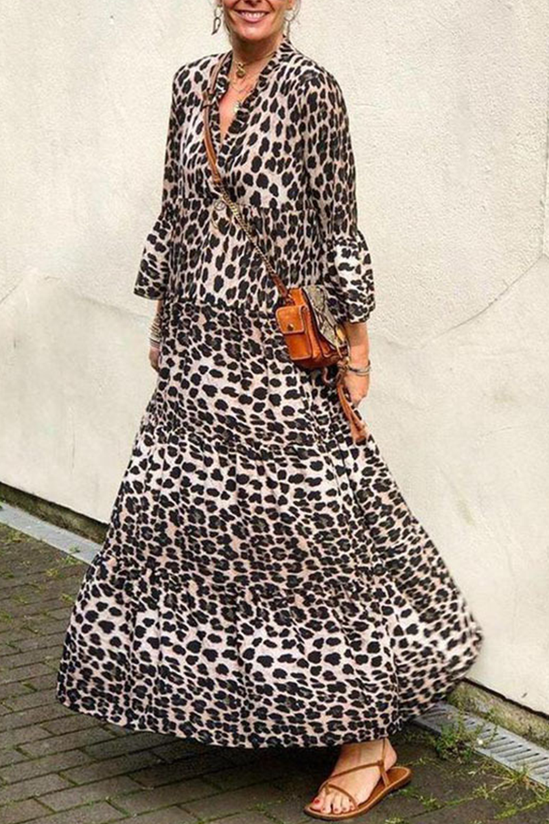Casual Leopard Patchwork V Neck Cake Skirt Dresses(4 Colors)