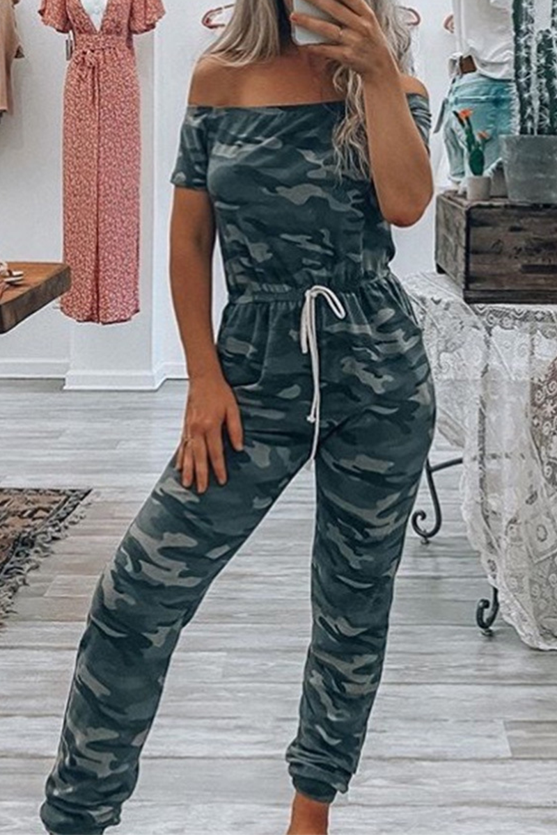 Casual Camouflage Print Split Joint Off the Shoulder Harlan Jumpsuits