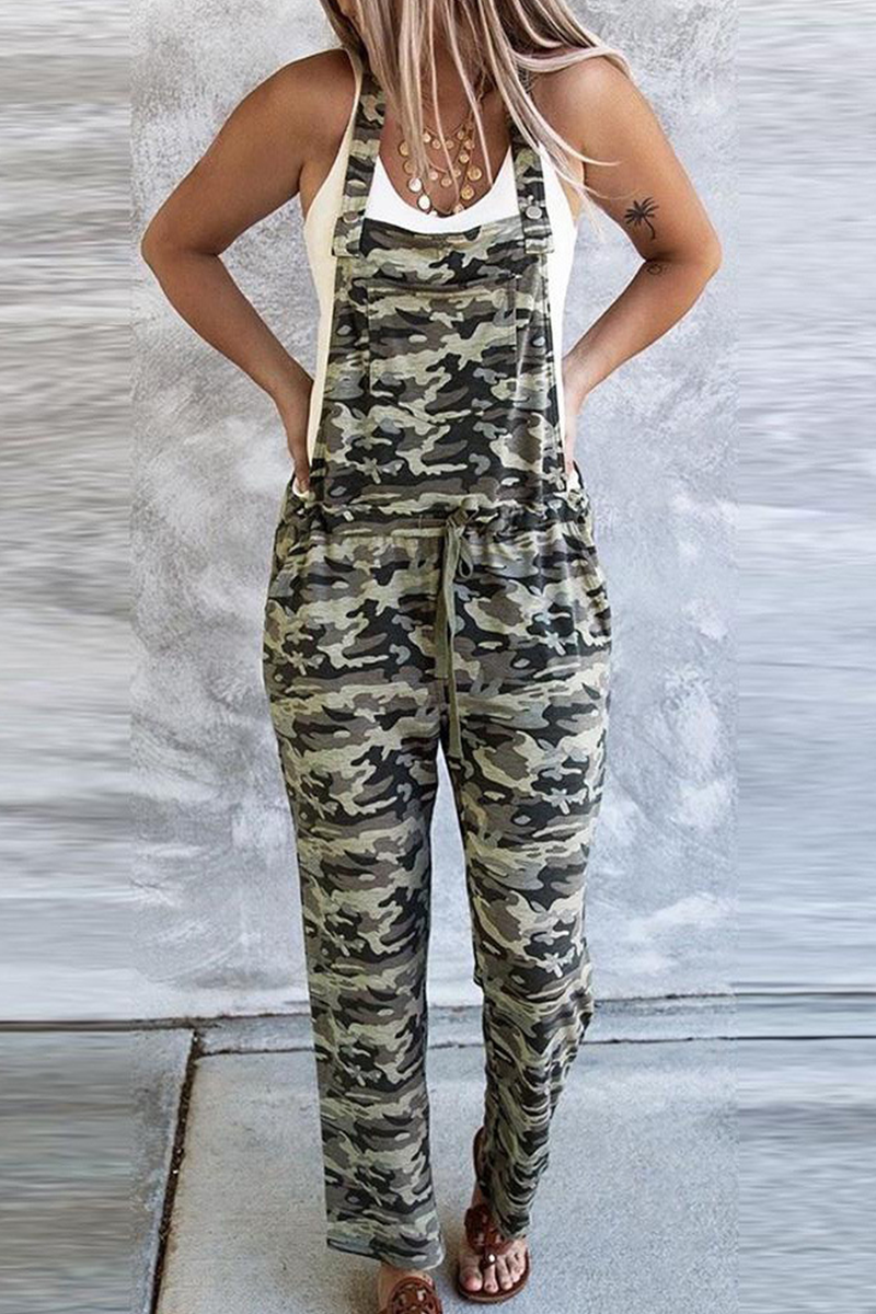 Casual Camouflage Print Split Joint Square Collar Harlan Jumpsuits