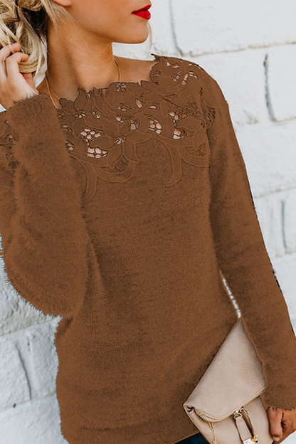 Casual Solid Lace Patchwork O Neck Tops