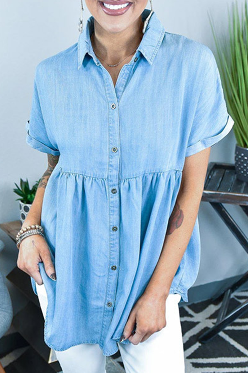 Casual Solid Split Joint Turndown Collar Short Sleeve Straight Denim Dresses