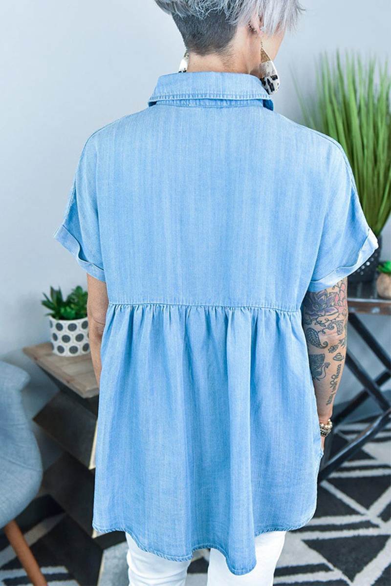 Casual Solid Split Joint Turndown Collar Short Sleeve Straight Denim Dresses