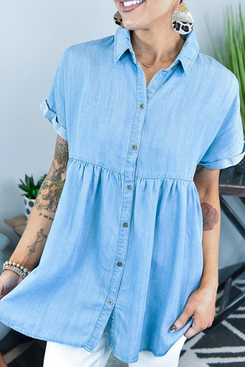 Casual Solid Split Joint Turndown Collar Short Sleeve Straight Denim Dresses