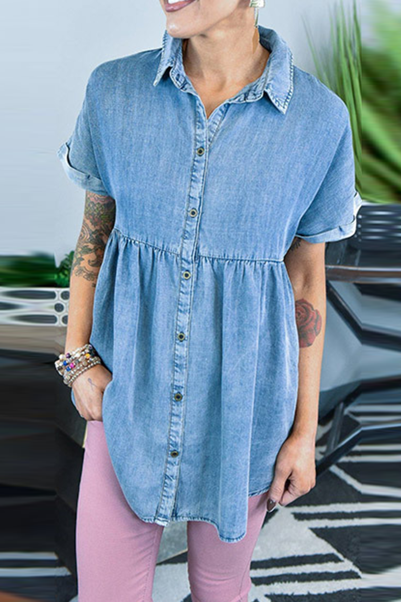 Casual Solid Split Joint Turndown Collar Short Sleeve Straight Denim Dresses