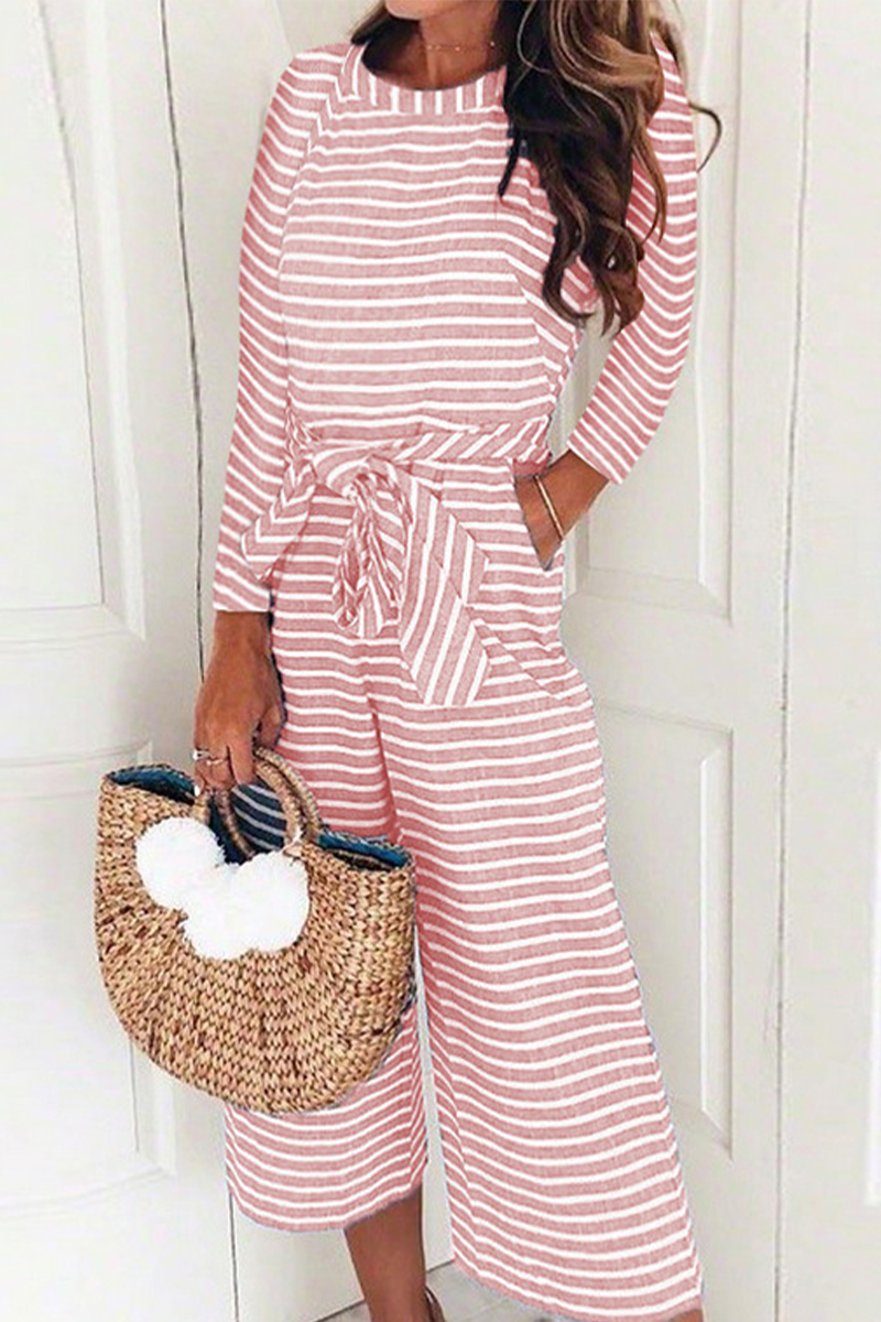 Casual Striped Patchwork O Neck Straight Jumpsuits(3 Colors)