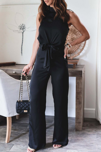 Casual Solid Bandage Halter Straight Jumpsuits