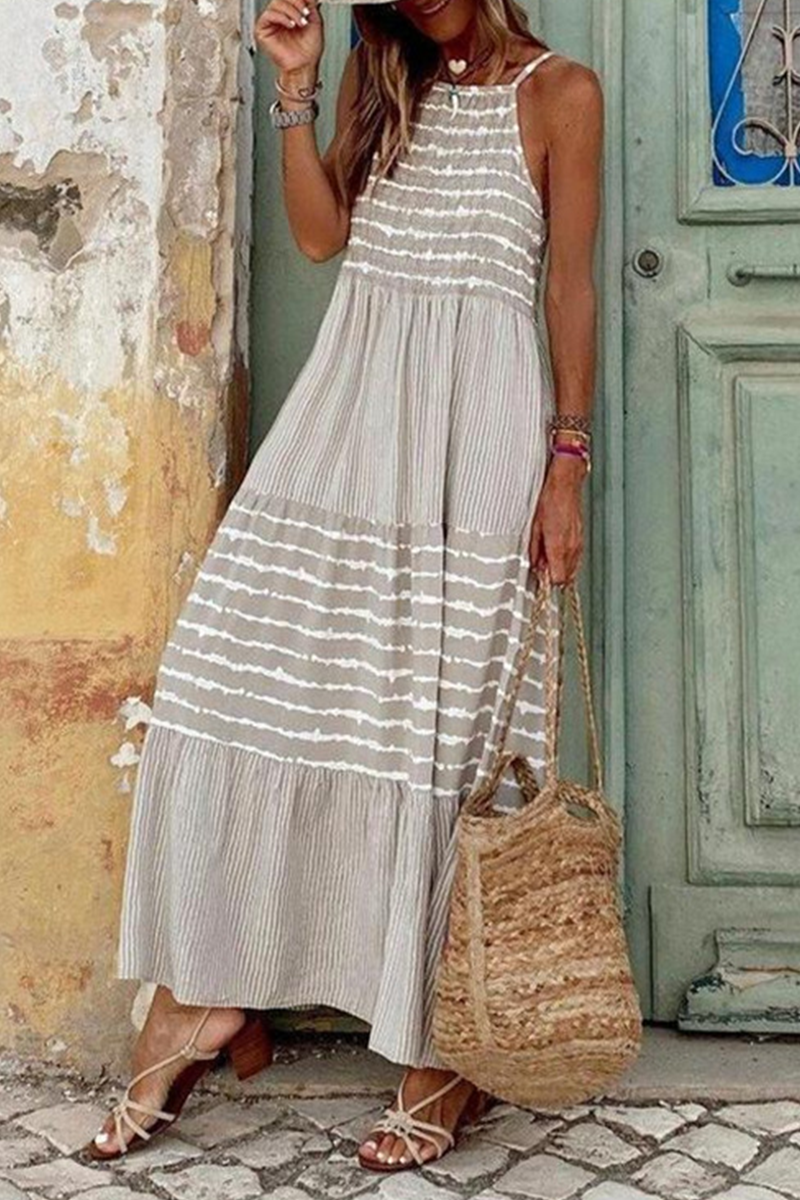 Casual Print Split Joint Spaghetti Strap Cake Skirt Dresses