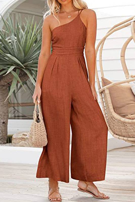 Fashion Solid Patchwork One Shoulder Straight Jumpsuits(8 Colors)