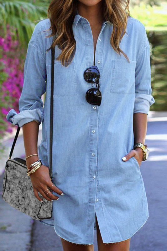 Casual Solid Patchwork Turndown Collar Shirt Dress Dresses
