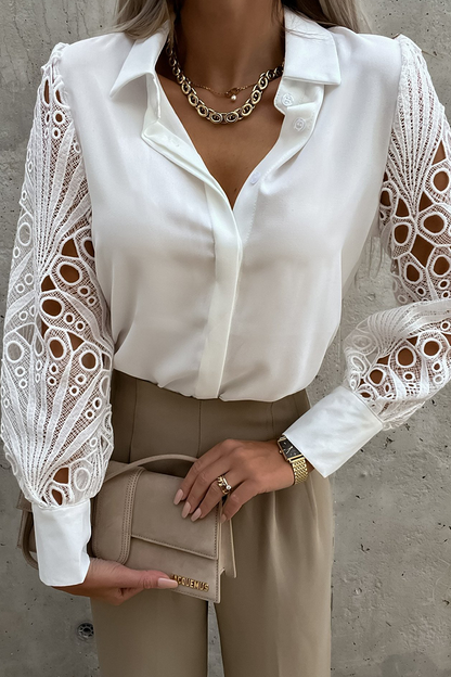Fashion Solid Hollowed Out Turndown Collar Blouses