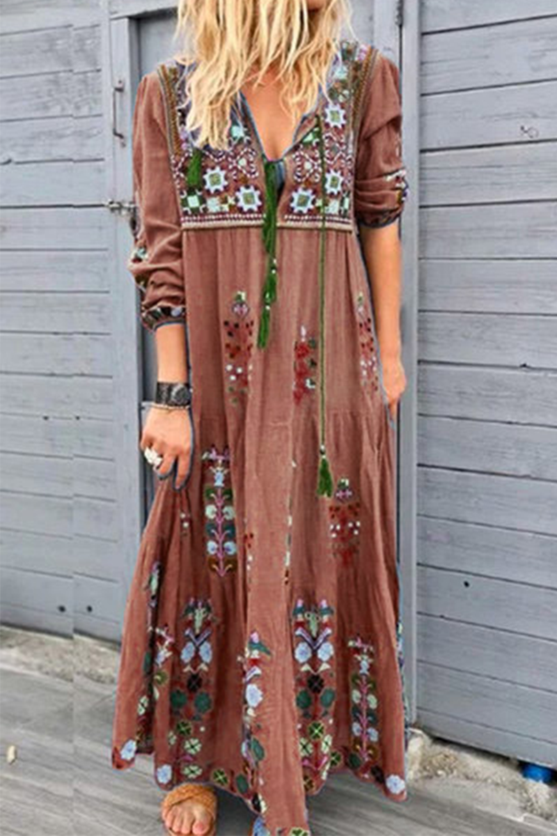 Fashion Print Split Joint V Neck Straight Dresses