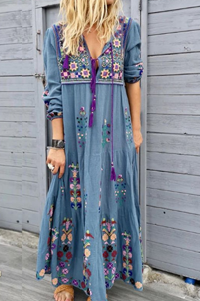 Fashion Print Split Joint V Neck Straight Dresses