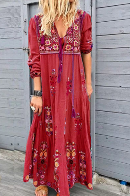 Fashion Print Split Joint V Neck Straight Dresses