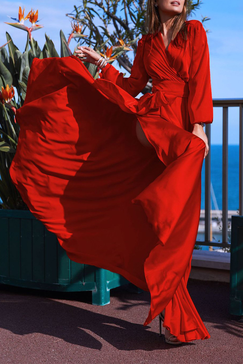 Casual Solid Slit V Neck Waist Skirt Dresses