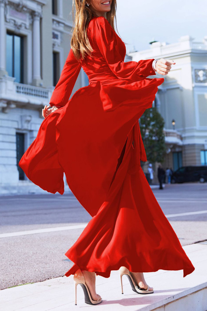 Casual Solid Slit V Neck Waist Skirt Dresses